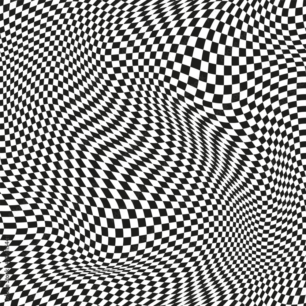 Seamless checkered pattern. Distorted optical illusion banner. Op art checkered curved pattern. Seamless checkered pattern. Distorted optical illusion banner. Op art checkered curved pattern.