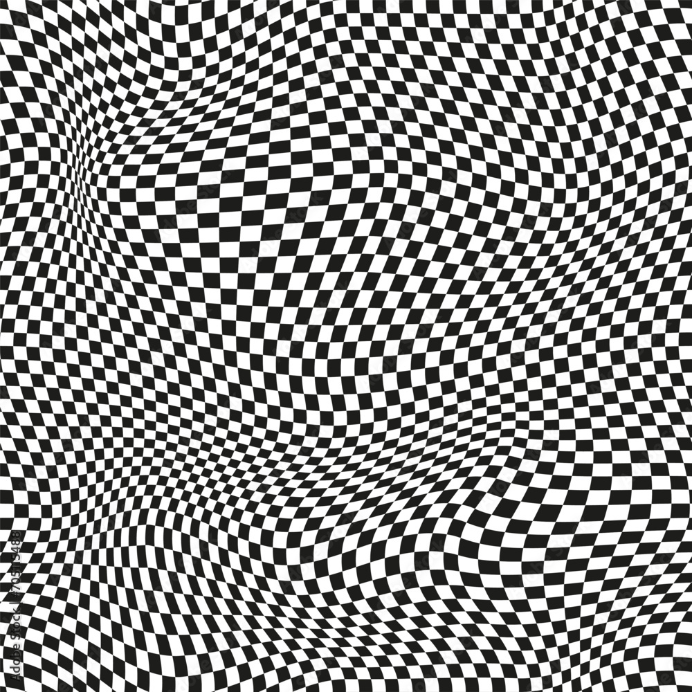 Seamless checkered pattern. Distorted optical illusion banner. Op art checkered curved pattern. Seamless checkered pattern. Distorted optical illusion banner. Op art checkered curved pattern.