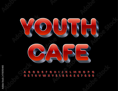Vector trendy signboard Youth Cafe. Stylish Red and Metallic Font. Modern 3D Alphabet Letters and Numbers set.