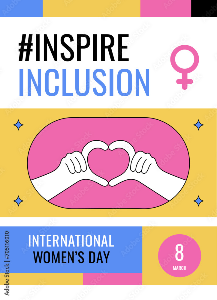 International Women's Day 2024 campaign #InspireInclusion. Geometric abstract poster in the trendy retro Neo brutalism style. IWD 8 March Women's History Month. Inspire Inclusion feminism holiday. International Women's Day 2024 campaign #InspireInclusion. Geometric abstract poster in the trendy retro Neo brutalism style. IWD 8 March Women's History Month. Inspire Inclusion feminism holiday.