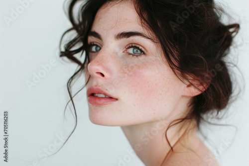 Cinematic portrait of a woman with a dramatic flair, white background