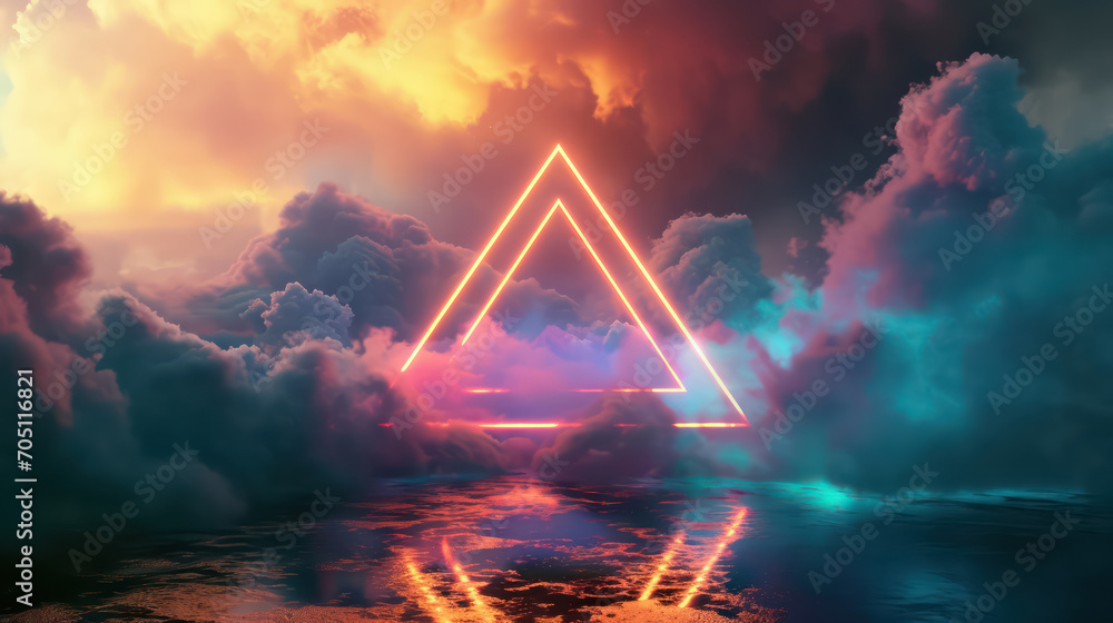 glowing neon triangle in mystical clouds glowing neon triangle in mystical clouds