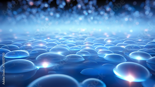The image depicts a serene, vast field of luminescent blue bubbles against a soft, bokeh light background, invoking a sense of tranquility and the microscopic world.Background concept. AI generated. photo