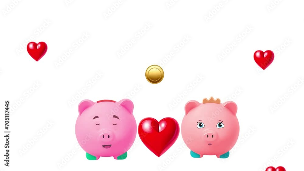 The video depicts two piggy banks gently coming together, and one of them expresses affection by sending coins to the other, creating a symbolic gesture of love The video depicts two piggy banks gently coming together, and one of them expresses affection by sending coins to the other, creating a symbolic gesture of love