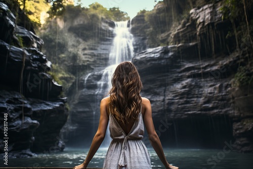 attractive young woman on vacation looking at the waterfall