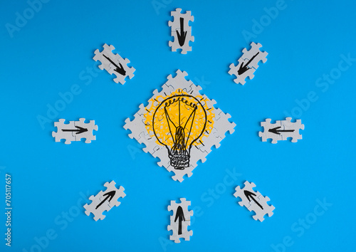Business concept,collaboration,cooperation,teamwork, innovation,human resources,recruitment,team building with jigsaw puzzle pieces and lightbulb