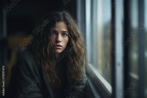 beautiful woman with a sad expression on her face looking out the window