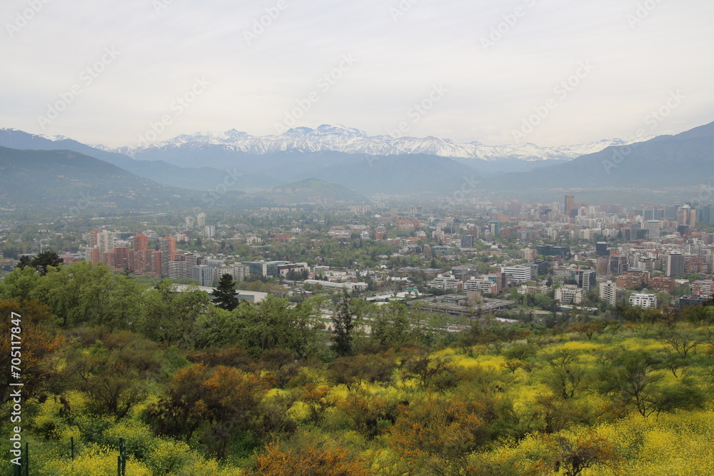 Panoramic view of the Chilean capital Santiago de Chile and the Andes in the background