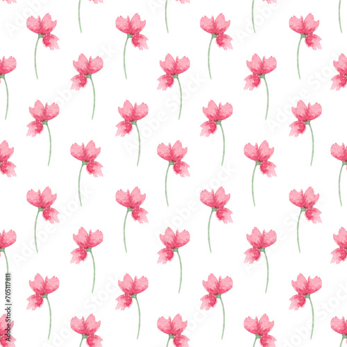 Сute watercolor pattern, pink flowers on a white background. Pattern for various products, paper, bedding, wrapping etc