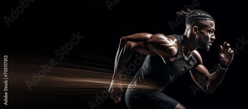 Fototapeta Naklejka Na Ścianę i Meble -  African male athlete running. Athletic sport fitness banner. Muscular man sprinting with motion blur.
