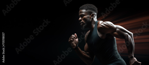 African male athlete running. Athletic sport fitness banner. Muscular man sprinting with motion blur.