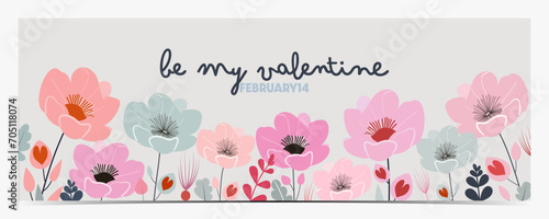 Lovely Valentine's Day banner, cover, poster, greeting card, label, flyer with colorful flowers and hearts