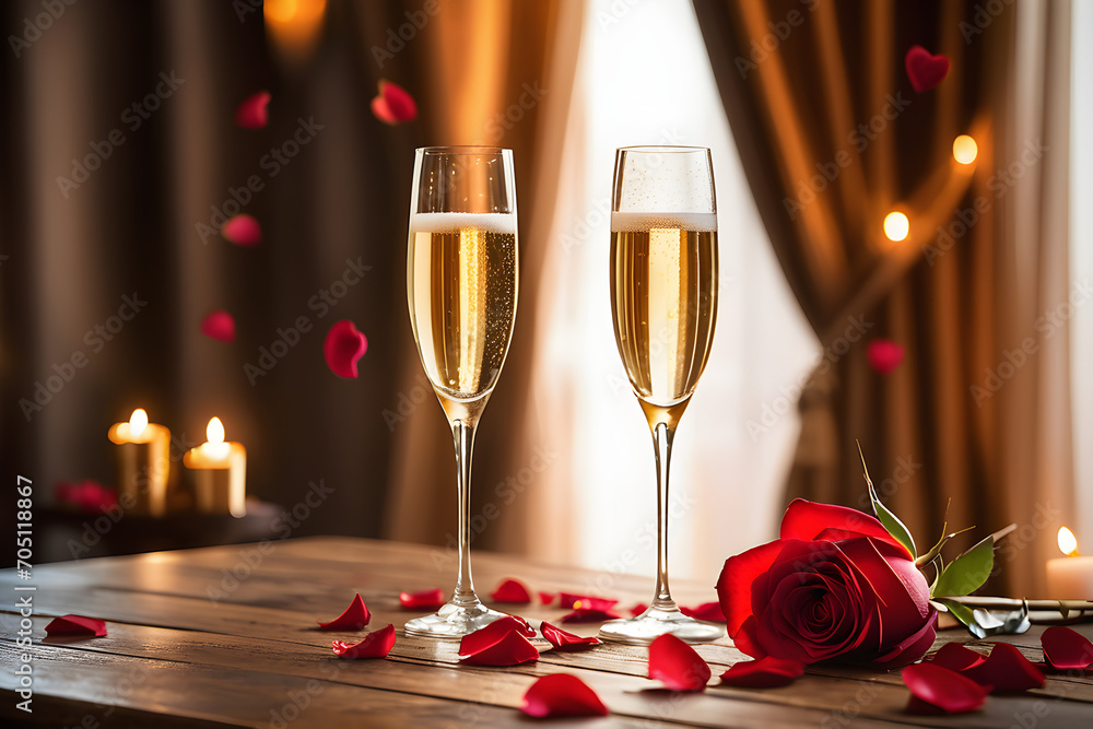 Red rose petals artfully scattered across an antique wooden table, two tall champagne glasses with delicate golden rims catching the soft flicker of candlelight. Generative AI Red rose petals artfully scattered across an antique wooden table, two tall champagne glasses with delicate golden rims catching the soft flicker of candlelight. Generative AI
