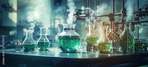 Chemical laboratory with glassware and steam. Scientific research and development.