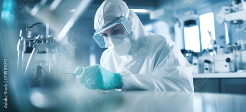 Scientist in protective gear conducting research in laboratory. Scientific innovation and healthcare.