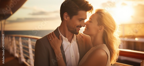 Couple enjoying sunset on cruise deck. Romance and travel.