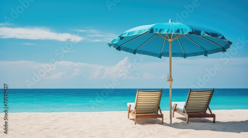 Tropical beach with sun loungers and umbrella on white sand. Vacation and travel. © Postproduction
