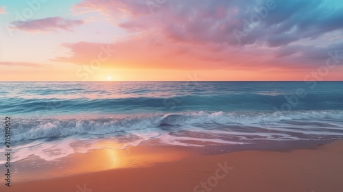 Serene beach sunset with gentle waves and colorful sky. Relaxation and nature. © Postproduction