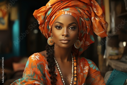 A stately pose with a majestic headwrap and intricate jewelry, evoking cultural richness