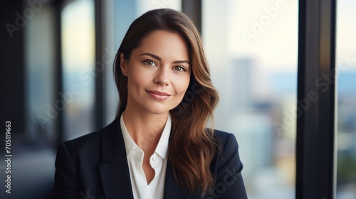 Confident business woman in modern office setting. Professional corporate presence.