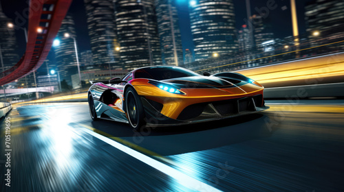 High-speed sports car racing through city streets at night. Urban lifestyle and luxury. © Postproduction
