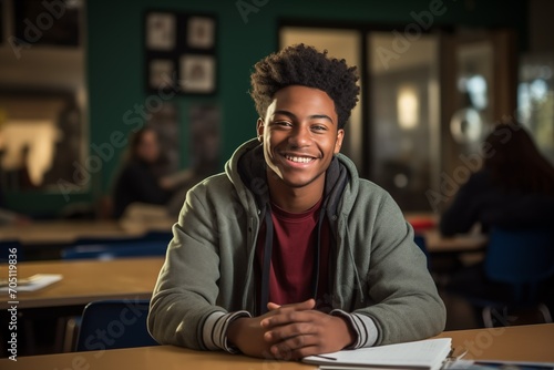 A young smiling black student sits at a table at the university for a lecture during class