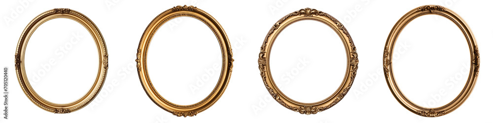 Set of Antique round oval gold picture mirror frame isolated on transparent background - obrazy, fototapety, plakaty 