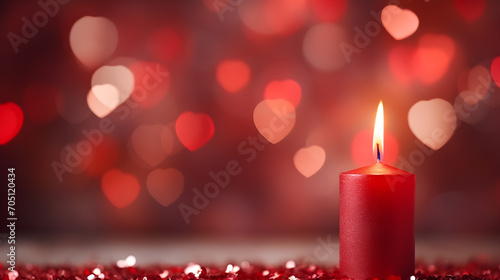 Candlestick of red color on red background with blurred hearts