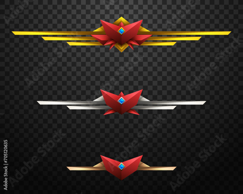 Abstract Red Fantasy Game Level Rank Badges with Gold, Silver and Bronze Borders for Game UI Designs photo