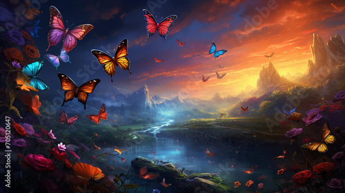 Beautiful Buterflies in the magic colorful forest photo