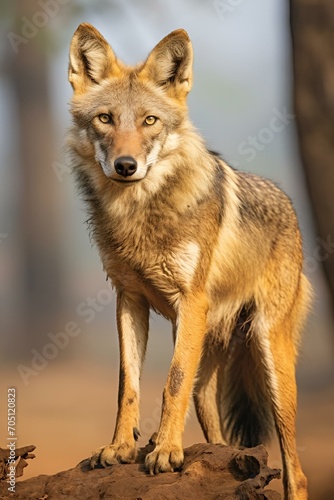 the coyote stands alone on top of a pile of dirt photo