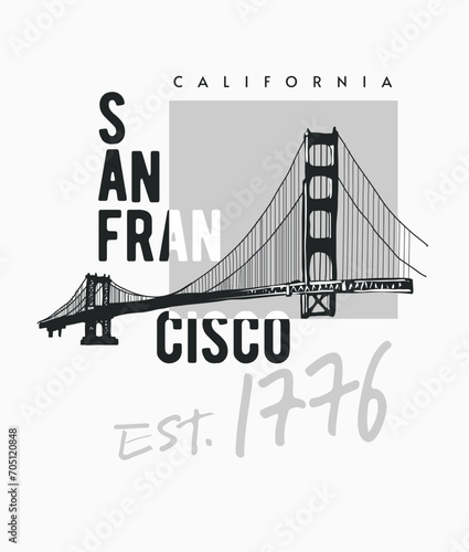 San Francisco slogan with black and white bridge shadow hand drawn vector illustration