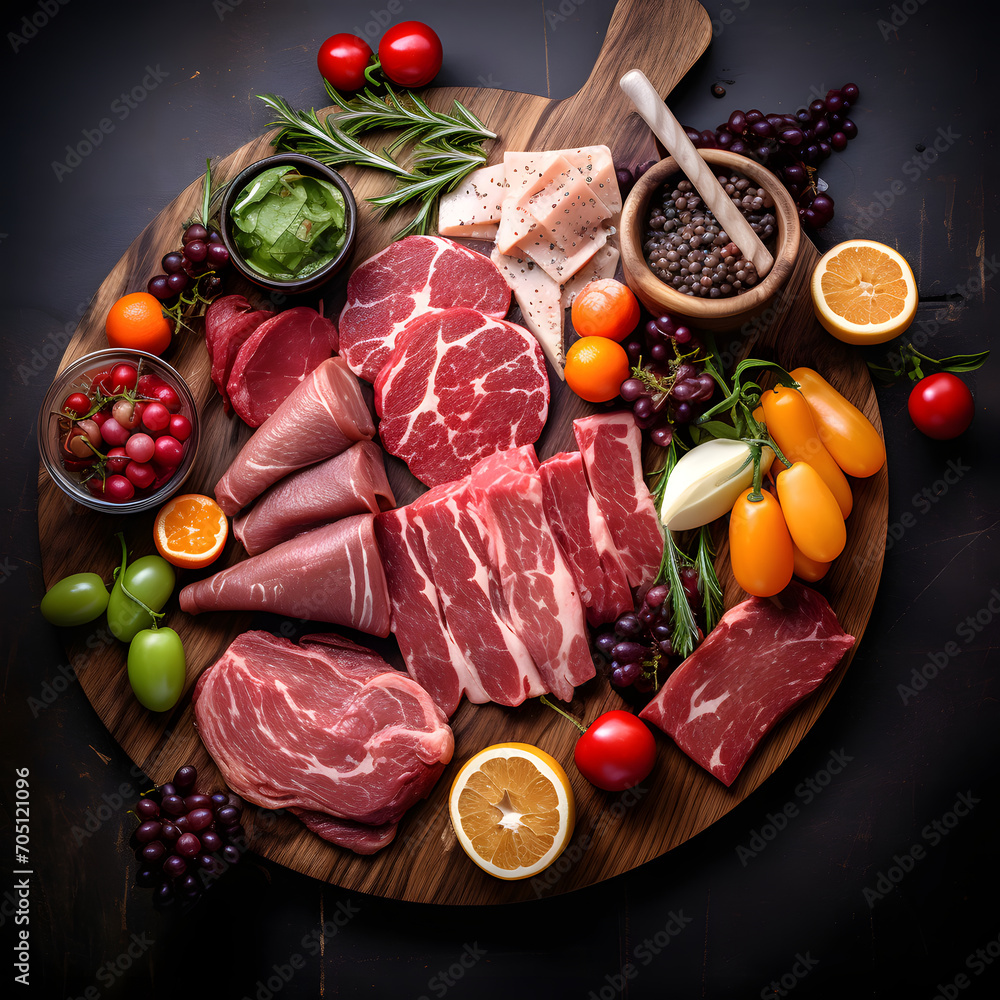 Minimal food photography. Stack of Fresh Raw Meat on a Table. Still life concept. Raw meat and vegetables. Minimal food photography. Stack of Fresh Raw Meat on a Table. Still life concept. Raw meat and vegetables.
