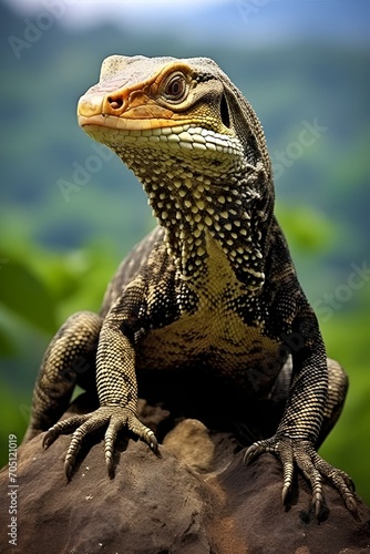 lizard sitting on top of rock outdoors with trees in the background photo