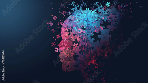 Human head profile and jigsaw puzzle, cognitive psychology or psychotherapy concept, mental health, brain problem, personality disorder, vector line design,