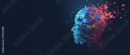 Human head profile and jigsaw puzzle, cognitive psychology or psychotherapy concept, mental health, brain problem, personality disorder, vector line design,