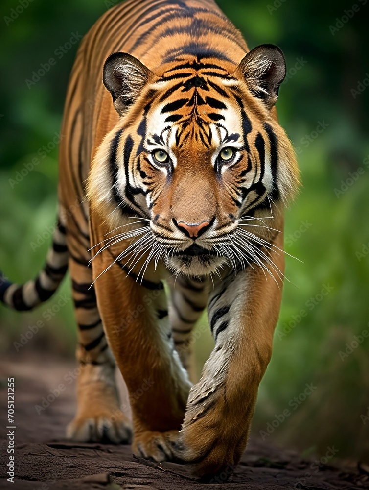 Fototapeta premium a tiger walking along the forest path with his front paws on the ground