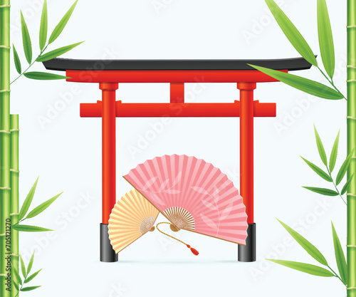 Japan Concept with Realistic Detailed 3d Element Include of Japanese Traditional Red Torii Gate, Bamboo Shoots and Hand Fans. Vector illustration