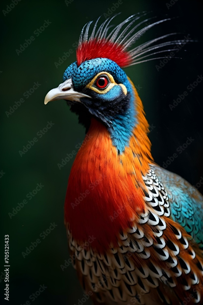 there is a colorful bird with red and green feathers on it