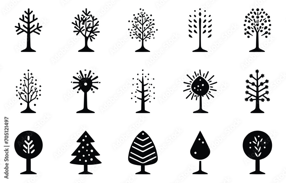 set of hand drawn trees and Christmas trees