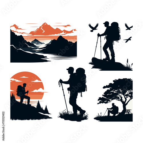 set of hiker silhouette vector illustration