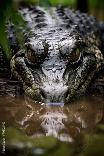 a crocodile is sitting in some water with plants behind it