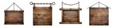Set of Medieval wooden sign hanging on chains isolated on a transparent background