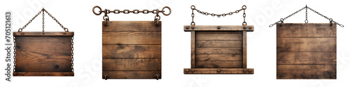 Set of Medieval wooden sign hanging on chains isolated on a transparent background photo