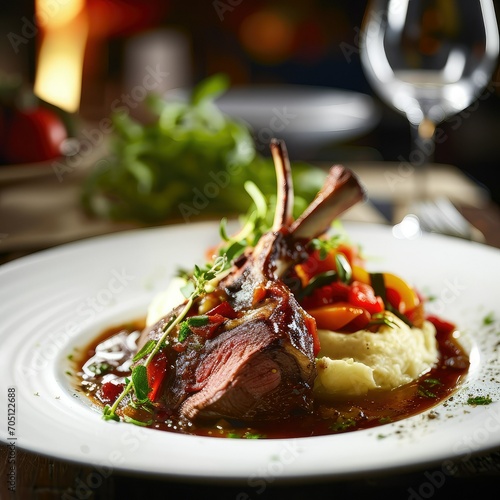 A mouthwatering serving of lamb shank, tender and succulent, accompanied by aromatic herbs and a rich, savory sauce.