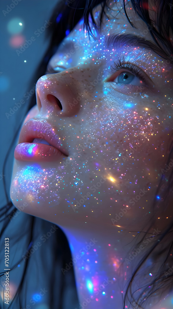 The woman's face sparkles. Eyes watch into the cosmos. High quality