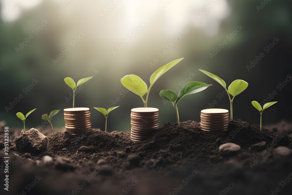 plant and money growing up on stacks of coins premium eps, in the style of panasonic lumix s pro 50mm f 1.4, tonalism, earthworks, stockphoto, vibrant stage backdrops, commission for, perceptive - obrazy, fototapety, plakaty 