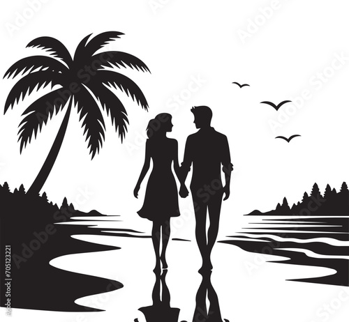 A silhouette of a romantic couple holding hands and walking along the tropical beach for a romantic getaway.