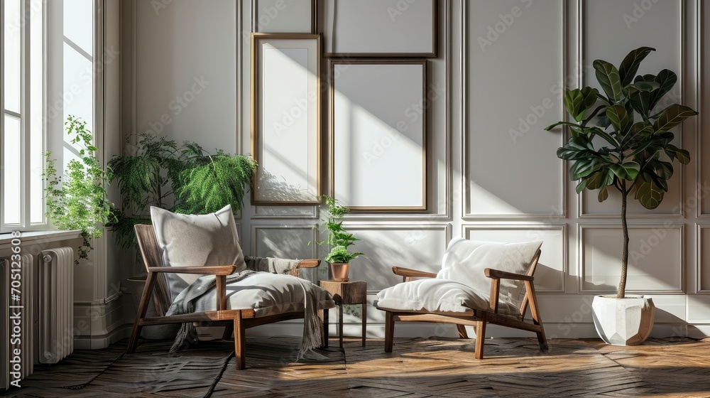 Blank picture frame mockup on a wall. Landscape orientation. Artwork template in interior design. Blank picture frame mockup on a wall. Landscape orientation. Artwork template in interior design.