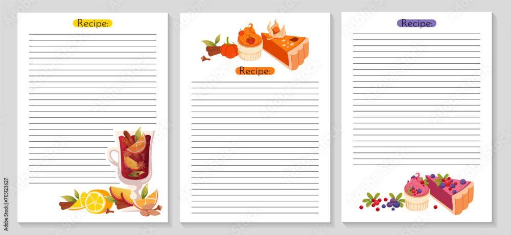 Recipe cards. Template cookbook sheets for recipe, notes on cooking and ingredients. Pumpkin, berry.
